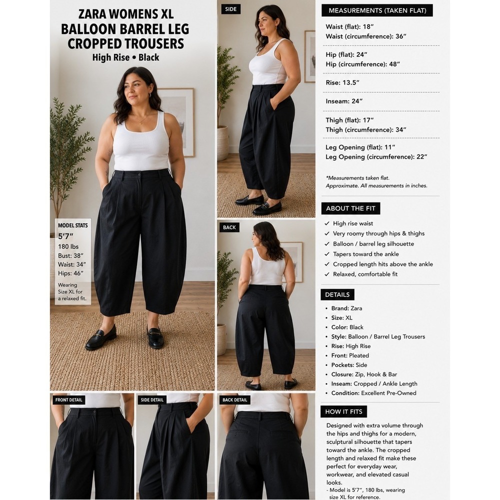Zara Womens XL Balloon Barrel Leg Cropped Pleated Trousers Black High Rise - Picture 2 of 16